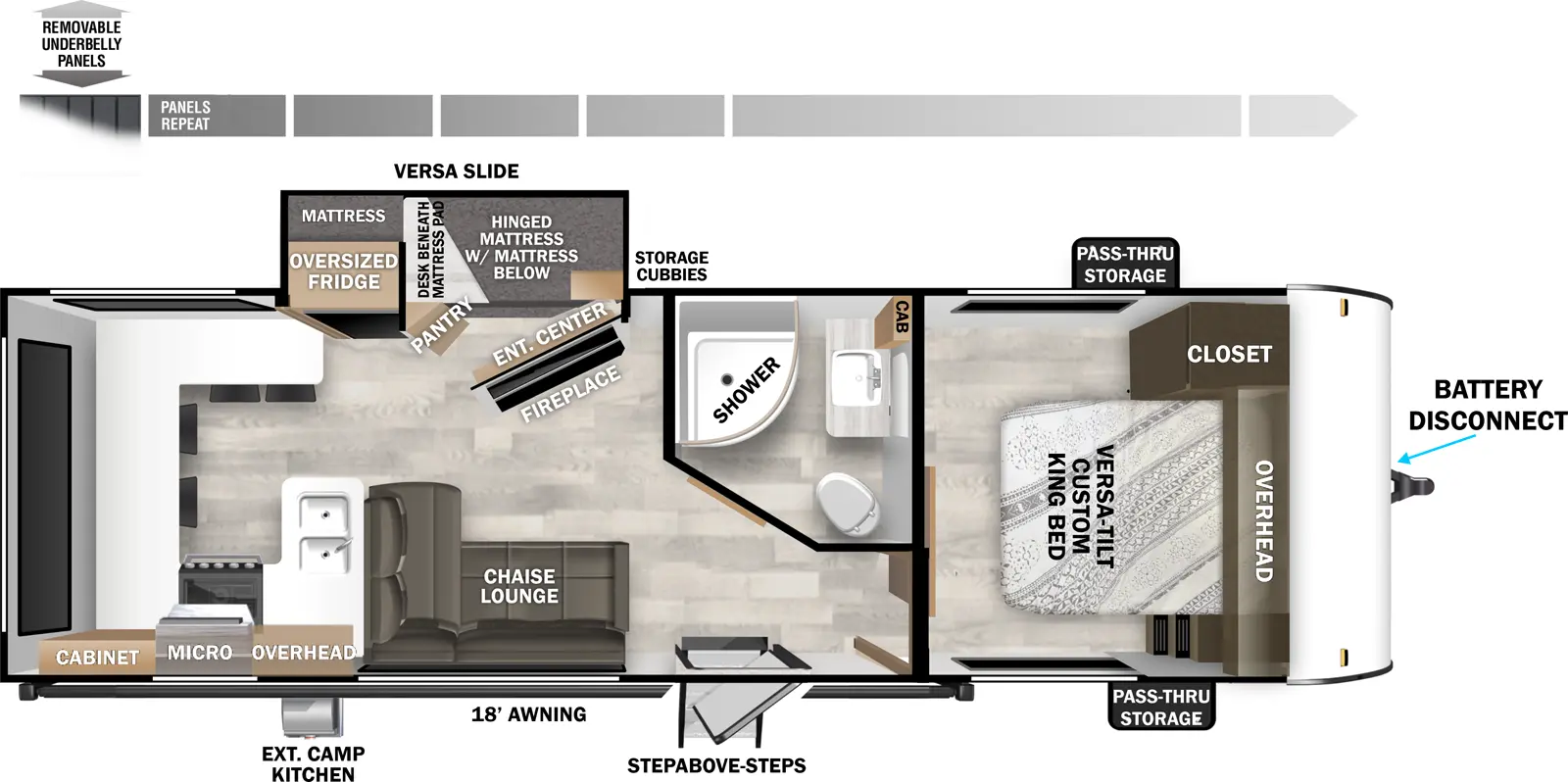 The Cruise Lite 24VIEW floorplan has one entry and one slide out. Exterior features include: fiberglass exterior, 18' awning and outside kitchen. Interiors features include: bunk beds, rear kitchen and front bedroom.